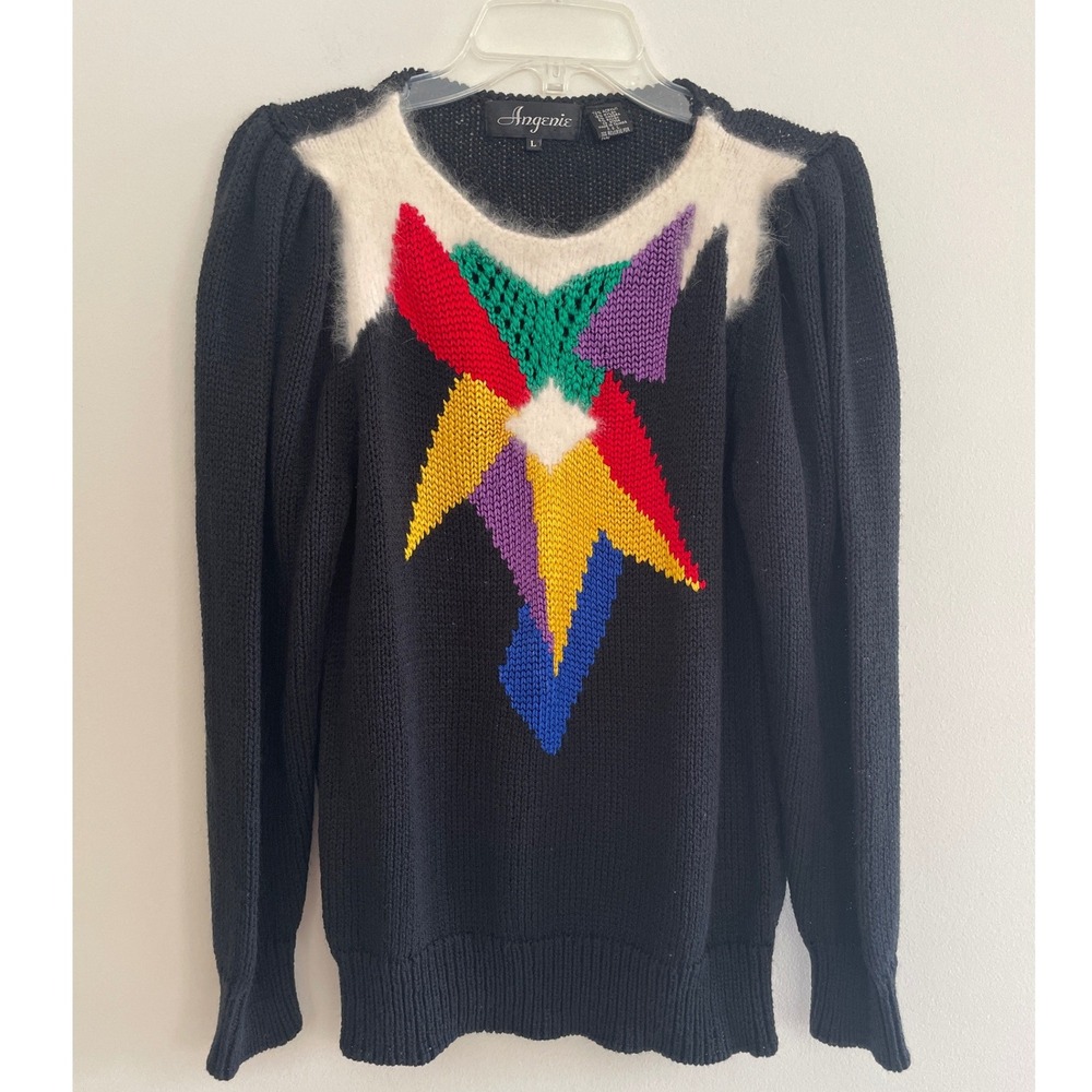 Angenie Vintage 80s Black Geometric Starburst Angora Trim Puff Sleeve Sweater L